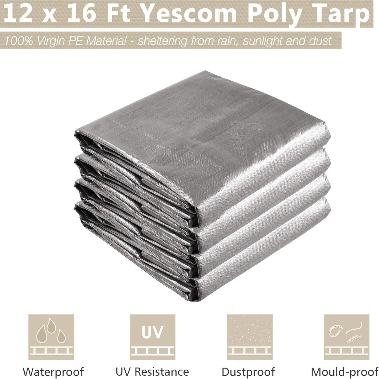 Yescom 12x16Ft 14 Mil Heavy Duty Reinforced Poly Tarp Reversible Waterproof Tarpaulin Ground Sheet Cover Reversible Silver Black Tarps