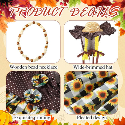 Fall Thanksgiving Goose Outfit Sunflower Porch Goose Costume with Hat Necklace for 23 Autumn Patio Yard Lawn Decor(Plaid Sunflower)