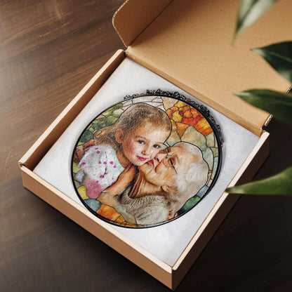 NAZENTI Personalized Grandma Stained Glass Suncatcher, Photo Family Portrait Window Hanging Ornament, Dog Suncatcher Custom Photo Mothers Day Grandma Mom Gifts from Son Daughter, Gifts for Nana Mimi
