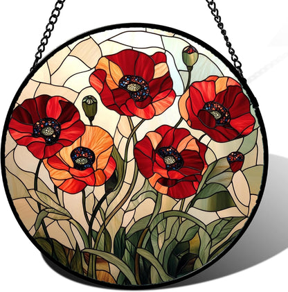 Stained Glass Window Hanging - Red Wildflowers Suncatcher for Door Garden Yard Flowers Sun Catchers Decor Christmas Mother's Day Birthday Gifts for Women Mom Nana Friend Men 15 in