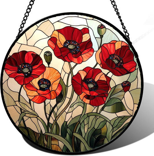 Stained Glass Window Hanging - Red Wildflowers Suncatcher for Door Garden Yard Flowers Sun Catchers