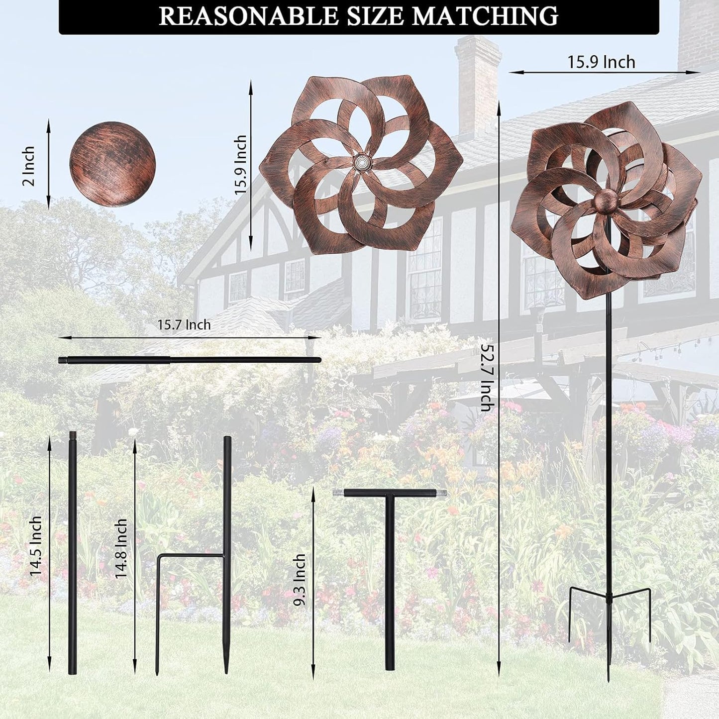 WONDER GARDEN Wind Spinner - Wind Spinners Outdoor, Outdoor Metal Windmills, 4.4 Ft Retro Brown Wind Sculptures Spinner Lawn Ornaments Wind Spinner for Yard, Lawn and Garden