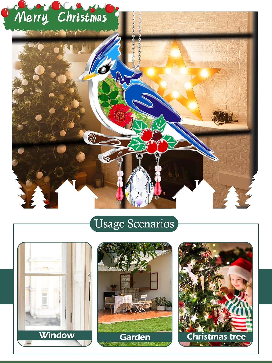 KY&BOSAM Blue Bird Suncatcher Gifts for Mom Hand Painted Stained Glass for Windows Hanging Wind Chime Pressed Rearl Flower Wings and Crystal Charm Gift for Mom Mother`s Day Birthday Christmas Decor