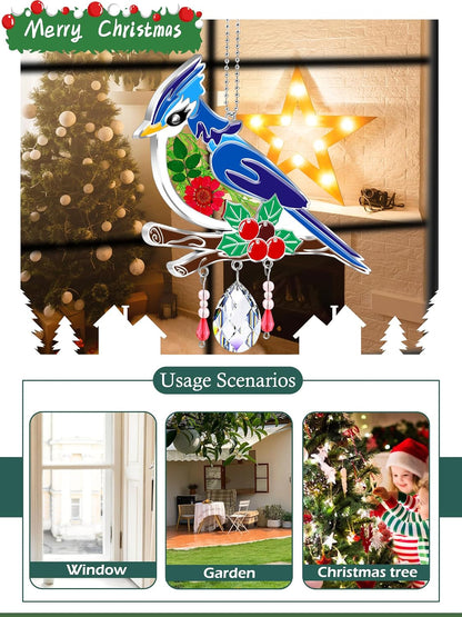 KY&BOSAM Blue Bird Suncatcher Gifts for Mom Hand Painted Stained Glass for Windows Hanging Wind Chime Pressed Rearl Flower Wings and Crystal Charm Gift for Mom Mother`s Day Birthday Christmas Decor
