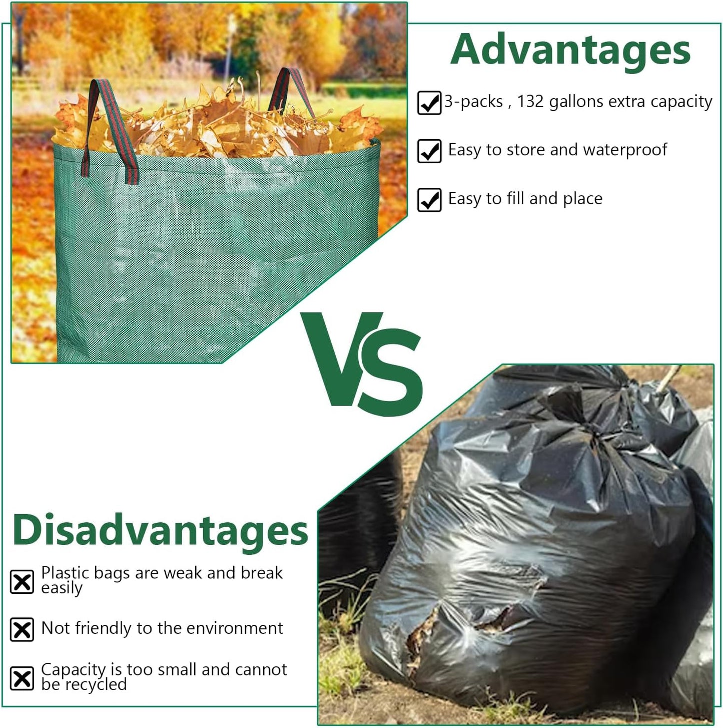 3 Pack 132 Gallon Reusable Yard Waste Bags Heavy Duty Lawn and Leaf Bags Yard Waste Container Garden Grass Bags