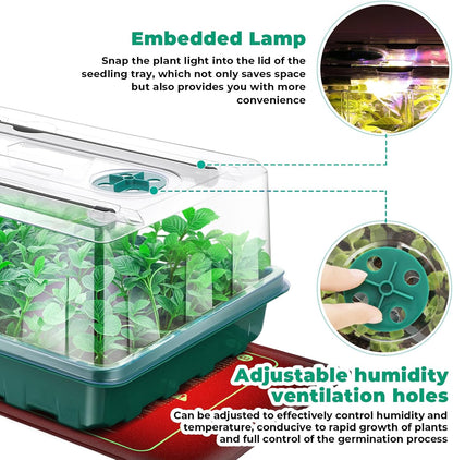 Seed Starter Tray, 96-Cell Seed Growing Tray with Grow Lights, Heat Mat, Indoor Gardening Plant Germination Trays (Green, 5 x 14.5 x 11 inches)