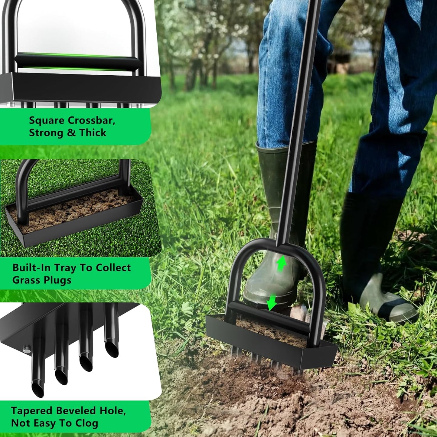 Lawn Aerator Coring Tool with Soil Core Storage Tray,4 Tine Stainless Steel Manual Garden Plug Aerator for Yard Grass,Lawn Coring Aeration for Soil Aeration,Lawn Care Cleaning,Compacted Soil(Black)
