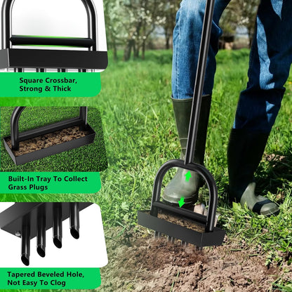 Lawn Aerator Coring Tool with Soil Core Storage Tray,4 Tine Stainless Steel Manual Garden Plug Aerator for Yard Grass,Lawn Coring Aeration for Soil Aeration,Lawn Care Cleaning,Compacted Soil(Black)
