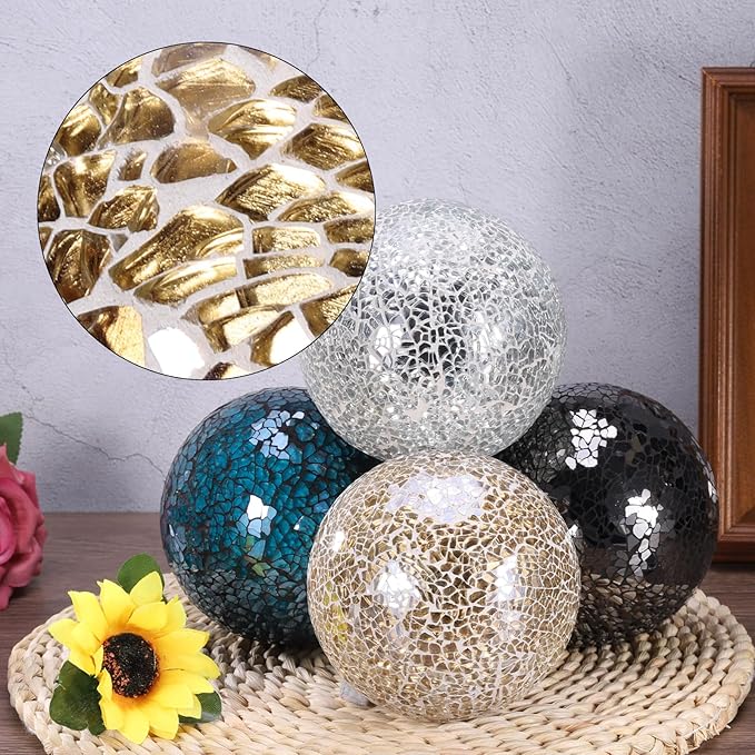 uxcell 4" Decorative Balls, 3 Pcs Mosaic Glass Balls, Decorative Table Sphere Orbs, Centerpiece Balls for Decorating Bowls Vase Tables Wedding Party, Silver