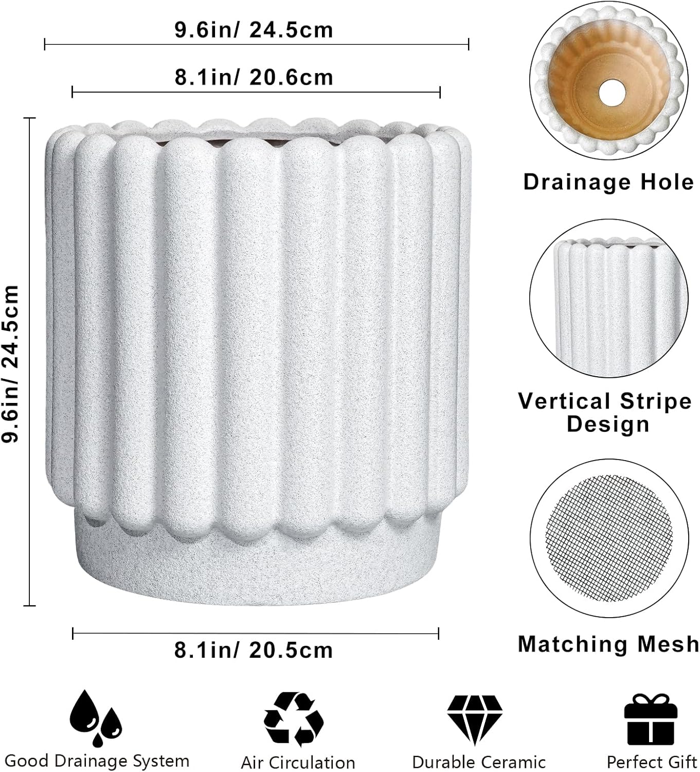 Ceramic Plant Pots - 9.6 Inch Ceramic Planters with Drainage Hole, Round Flower Pots for Indoor Plants, Modern Fluted Large Planter Outdoor, Home Room Decor, Gardening Gifts, White