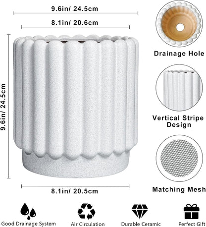 Ceramic Plant Pots - 9.6 Inch Ceramic Planters with Drainage Hole, Round Flower Pots for Indoor Plants, Modern Fluted Large Planter Outdoor, Home Room Decor, Gardening Gifts, White