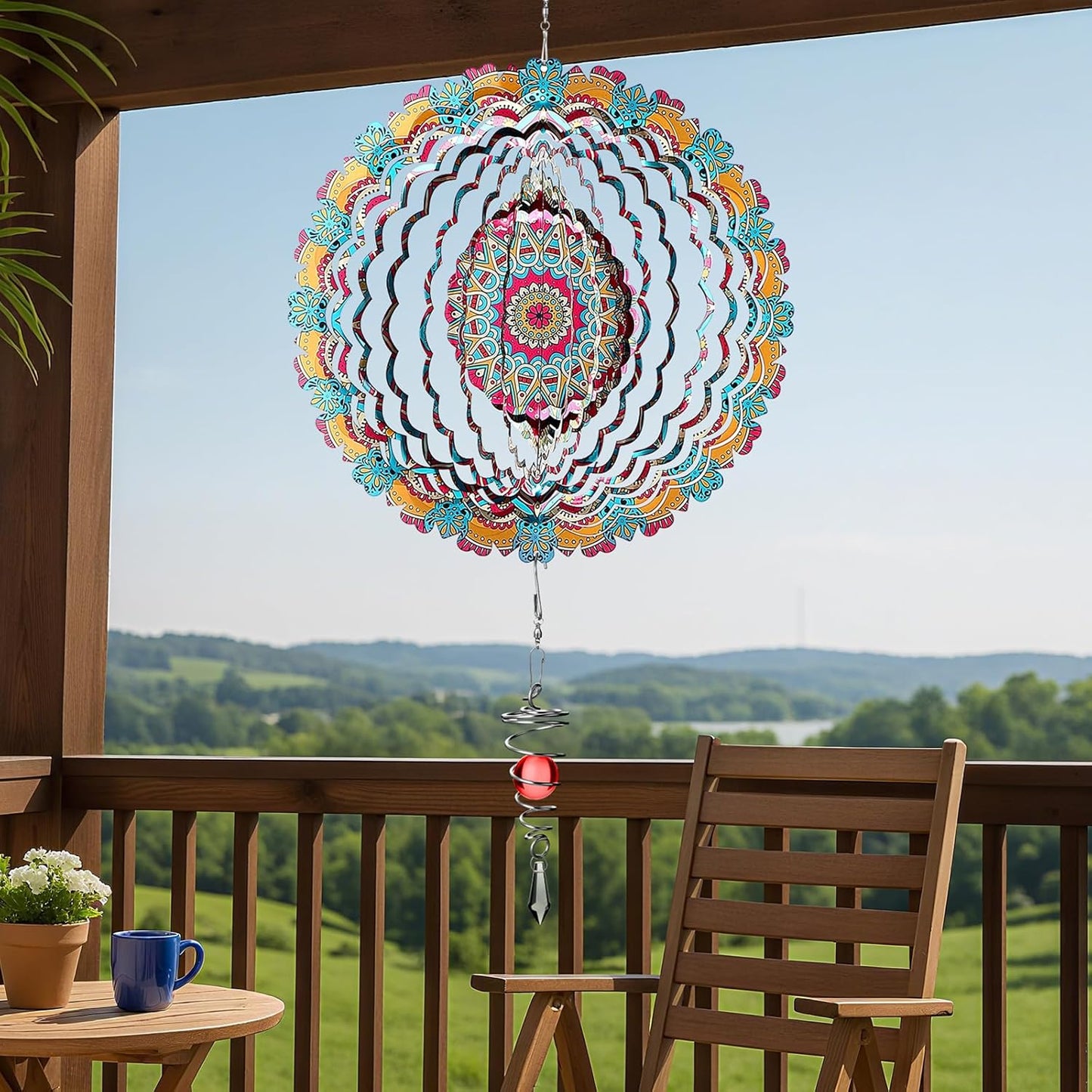 12 Inch Mandala Wind Spinners with Gazing Ball Spiral Tail, Outdoor 3D Stainless Steel Hanging Spinner Mandala Wind Catchers Sculpture for Indoor Outdoor Garden Yard Decoration (Flower)