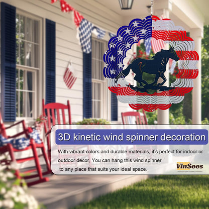 3D Patriotic Horse Wind Spinner Decor - 12 Inch Metal Garden Art, Rust-Proof Outdoor Hanging Decorations, Patriotic American Flag Design, for Horse Lovers(Horse)