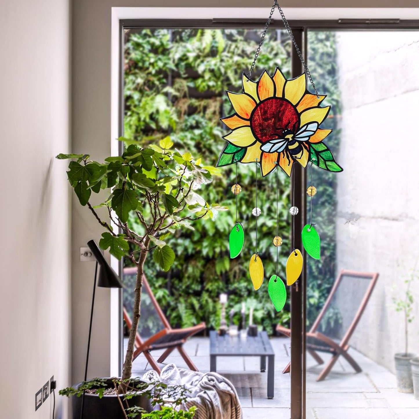 Stained Glass Suncatcher, Sunflower and Ladybug Window Hanging, 20 x 8 inches, Hand-Painted (Style 2)