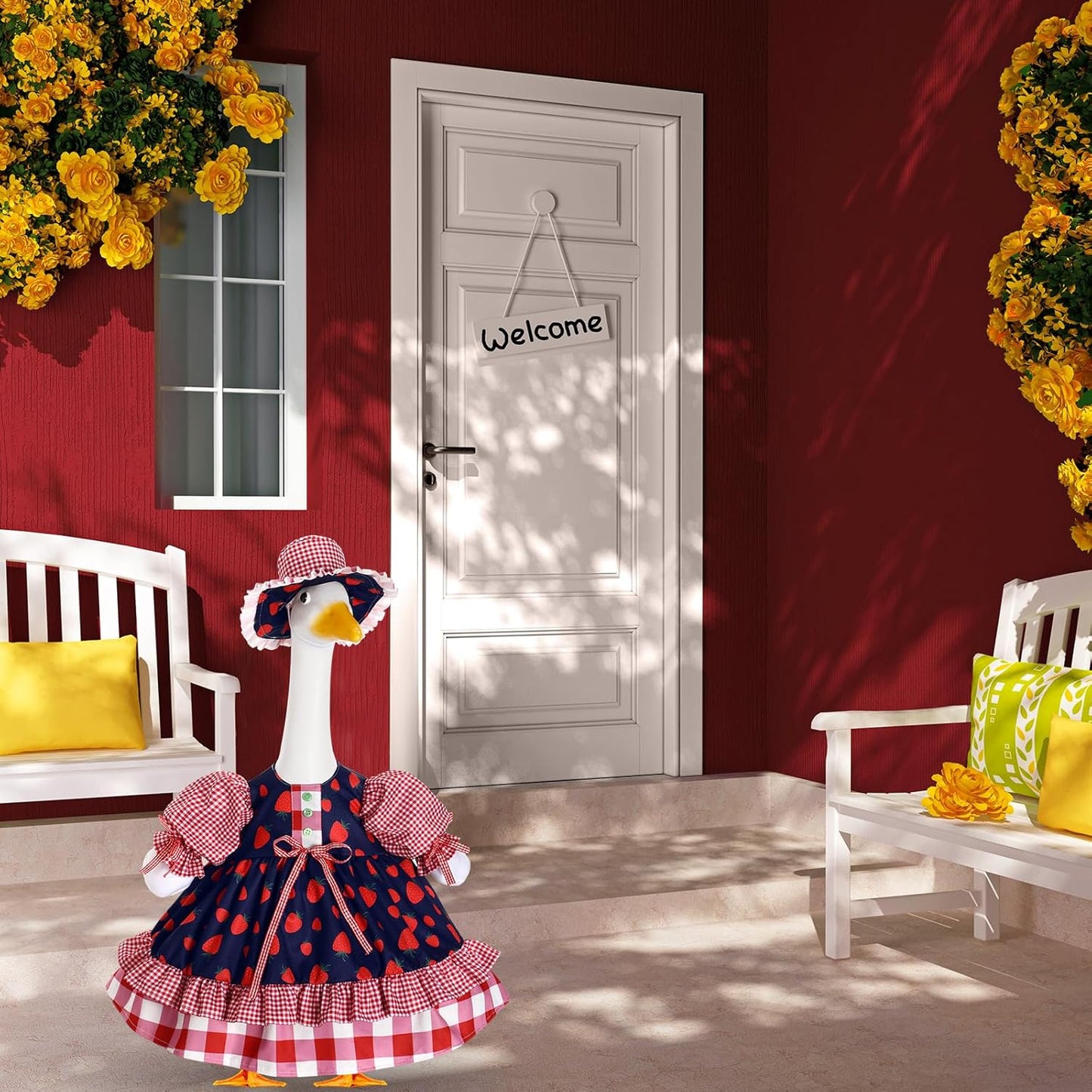 Lolita Goose Outfit Set for 23'' H Plastic Porch Cement Statue Cute Lolita Skirt Fall Spring Summer Goose Costume for Indoor Outdoor Yard Lawn Patio Art Decor(Strawberry)