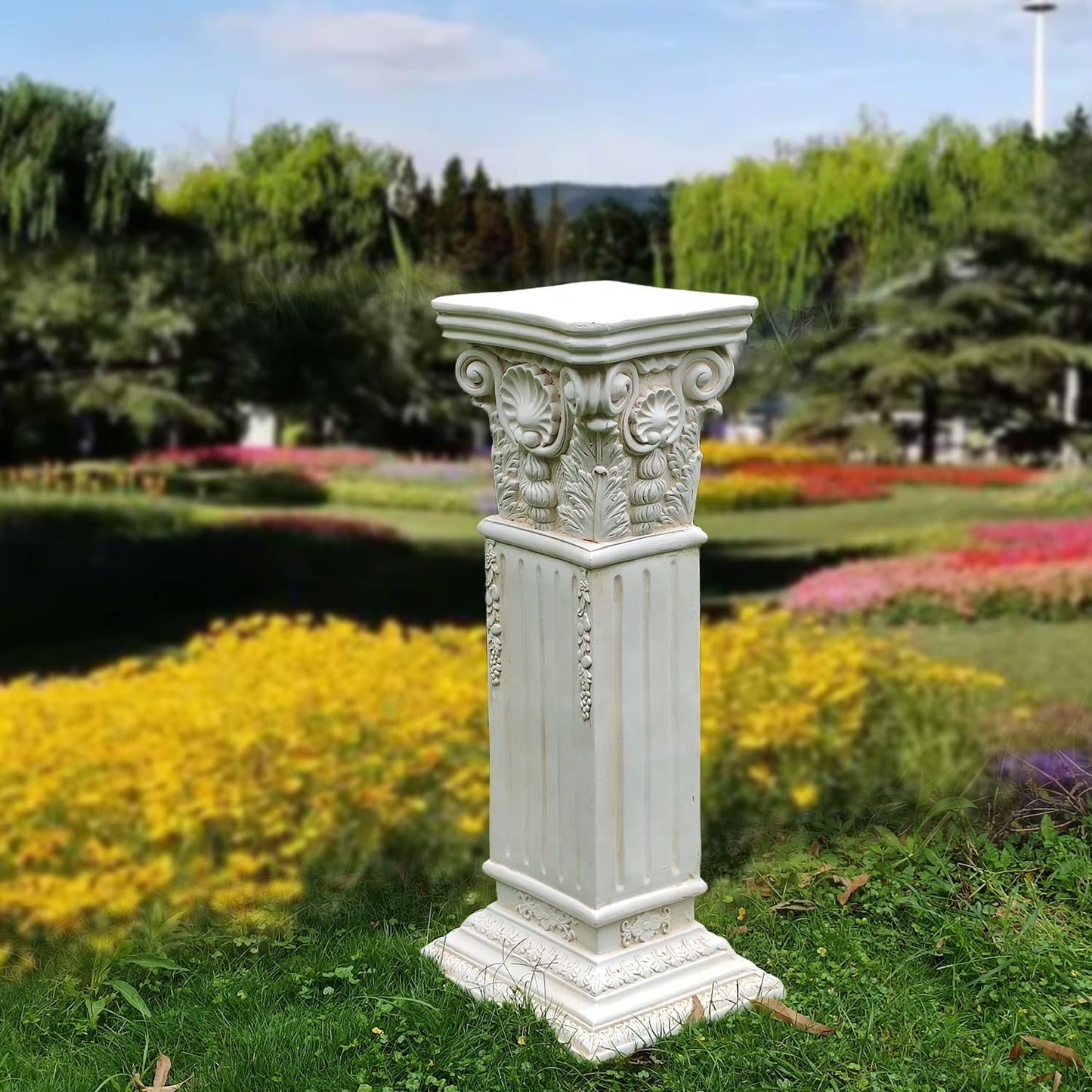 Large 35.5" Vintage Weathered Corinthian Column Pillar with Base Pedestal Magnesium Oxide Ideal for Displaying Statues, Vases, or Planters Decoration for Garden Backyard Patio Office, White