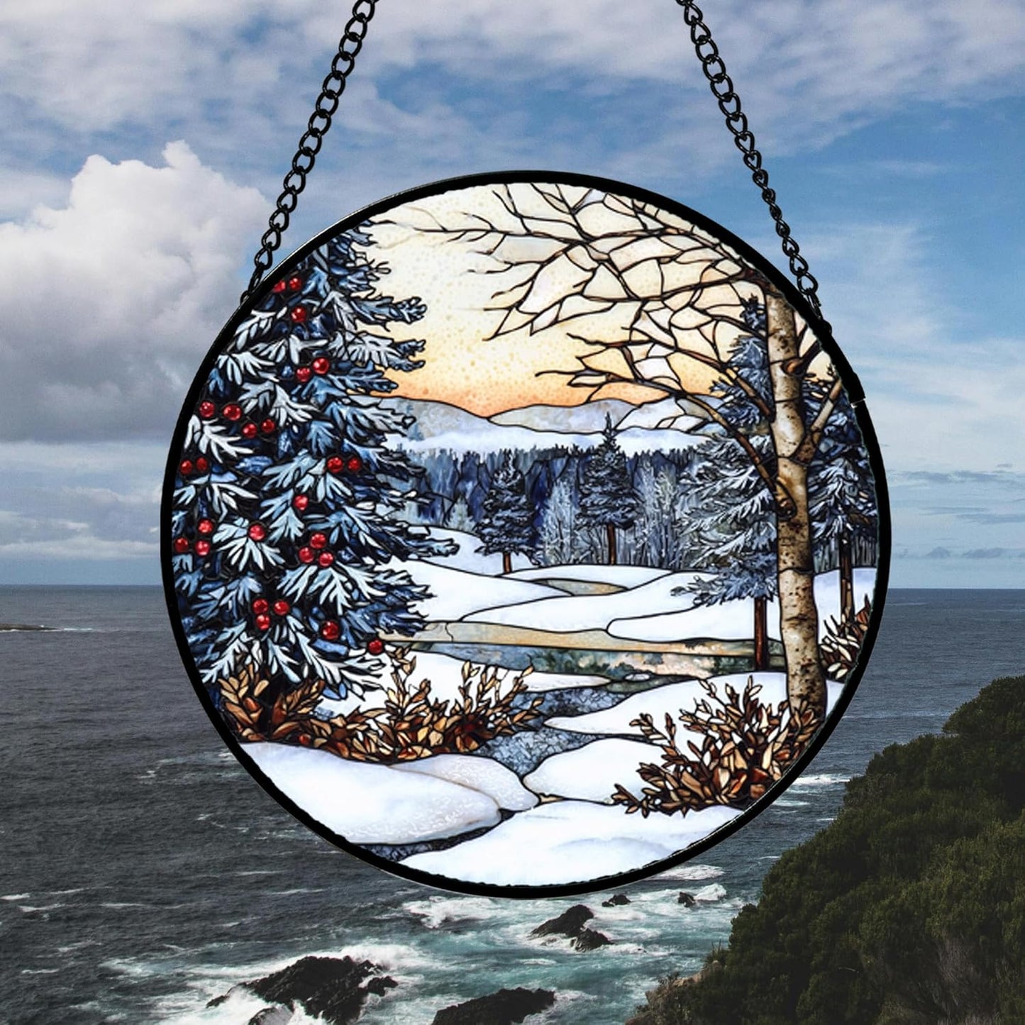 Stained Glass Window Hanging, Winter Snow Landscape Suncatcher Diamond Glass Panel Sun Catchers Decor for Birthday for Women, Men, Wife, Aunt, and Mom 6.3x6.3 in