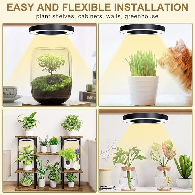 Full Spectrum Grow Light for Indoor Plants, 216 LEDs Halo Plant Light with Auto On/Off Timer (4/8/12H), 10-Level Brightness, 3 Lighting Modes, for Small Plants & Seedlings (Black, Tri Head)