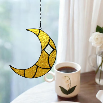 Moon Stained Glass Window Hanging Suncatchers，Handcrafted Art Glass Crescent Moon Decorations Indoor Window Gift for Women, Christmas,Thanksgiving (Yellow)