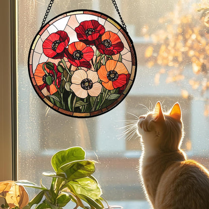 Stained Glass Window Hanging - Orange Red Poppy Flowers Suncatcher for Door Garden Yard Sun Catchers Decor Christmas Mother's Day Birthday Gifts for Women Mom Nana Friend Men 15 in