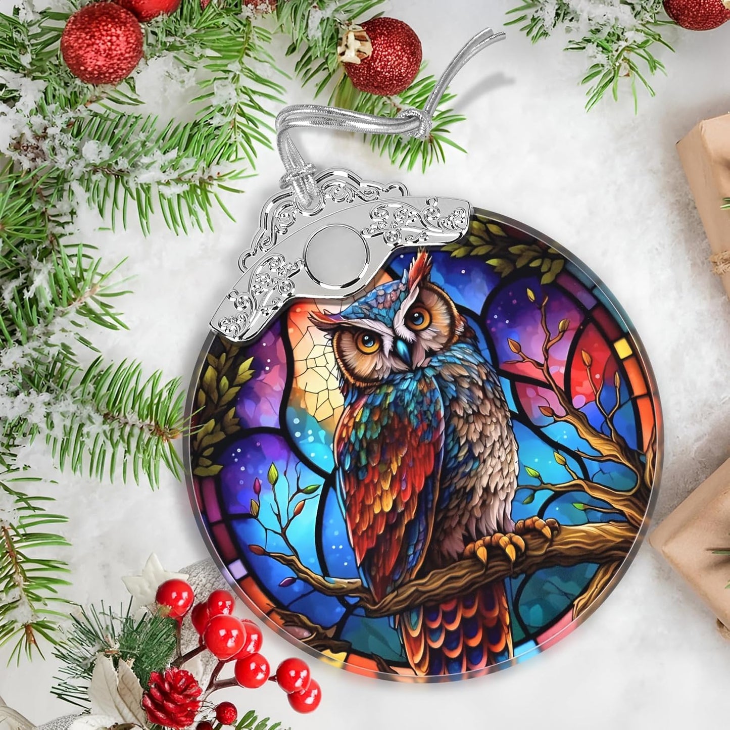 Stained Glass Suncatcher Ornament - Owl Christmas Decorations - Christmas Ornaments for Tree - Holiday Present Ideas - Gift Exchange