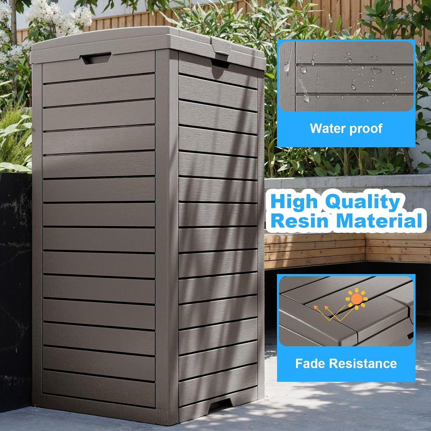 Outdoor Trash Can with Lid, Outdoor Trash Bin & Pull-Out Liquid Drawer, Dual Lid Closure Design, Waterproof Resin Garbage Can Container for Patio, Backyard, Deck (Grey, 31 Gallon)