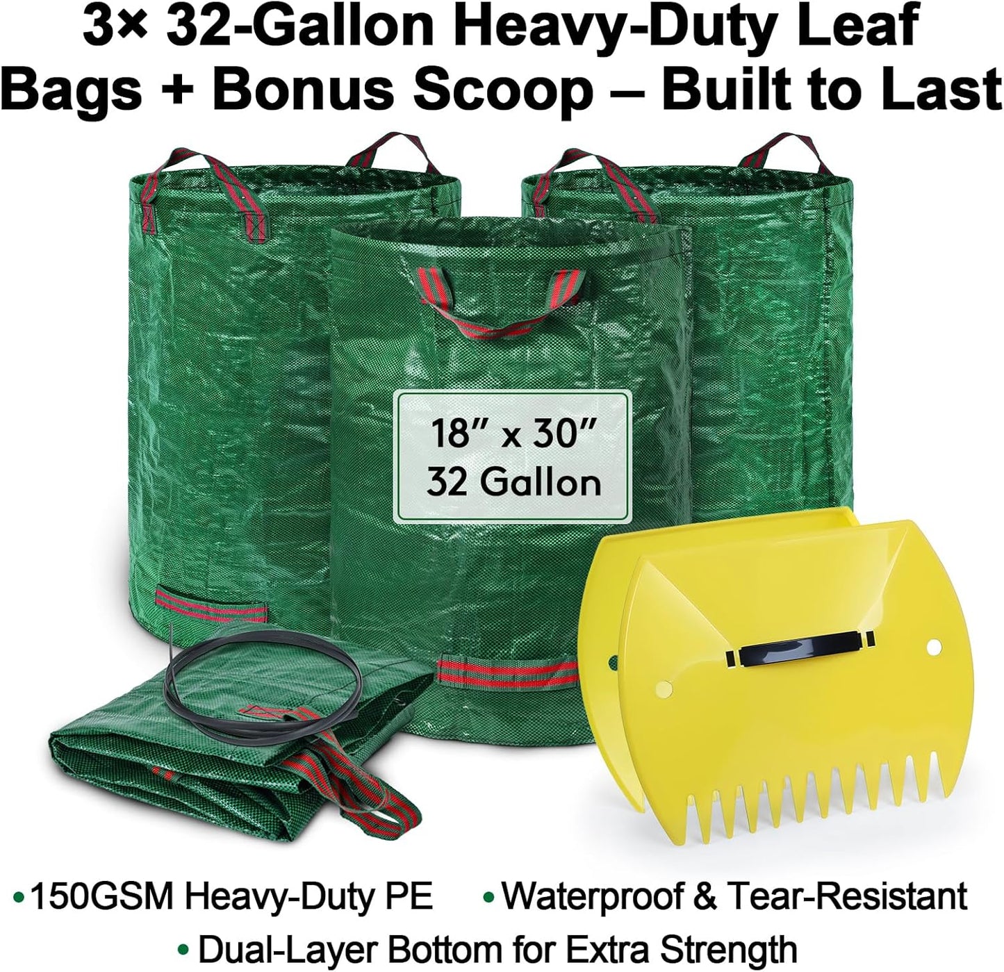 3-Pack 32 Gallon Yard Waste Bags with Leaf Scoop — Collapsible, Stand-Open Garden Bags with Reinforced Handles, Heavy-Duty Reusable Lawn Containers for Leaves, Weeds & Debris