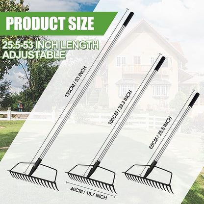 Garden Rake, Metal Sturdy and Heavy Duty Metal Rake, 16-Tine Bow Rake with Adjustable Stainless Steel Handle, Long Shaft for Loosening Soil, Leveling Mulch, Gathering Leaves
