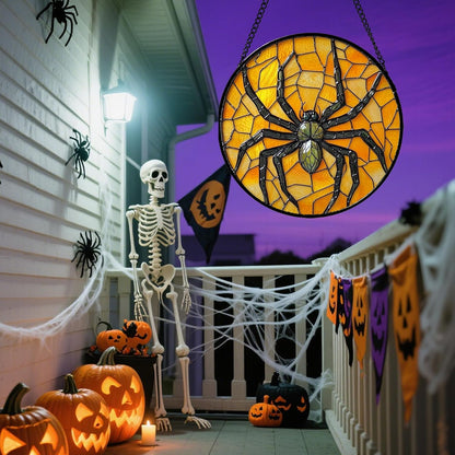 Stained Glass Window Hanging - Halloween Decorations Black Spider Suncatcher for Doors Garden Indoor Spooky Funny Sun Catchers Gothic Decor Horror Gifts for Women Men Friend 6.3 in