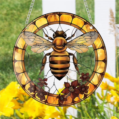 Yellow Bee Stained Suncatchers for Windows Flower Indoor Outdoor Hanging Stained Acrylic Panels, Kitchen Bedroom Garden Wall Art Decoration Gifts for Women Mom Grandma Teacher