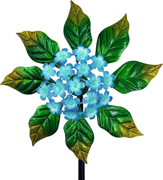 Solar Glow Garden Wind Spinner Outdoor, 13" W Flower Metal Wind Spinner & Sculptures with Fluorescent Coating, Kinetic Windmill for Yard Lawn Patio Decor, Blue