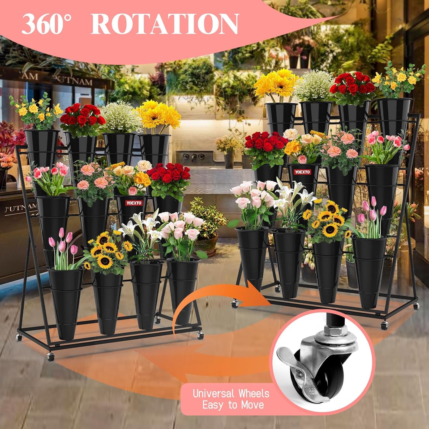 Flower Display Stand with Buckets, 3-Layers 12 PCS Buckets Plant Stand with Wheels, Movable Metal Plant Stand for Terrace Garden, Living Room, Florist Shop
