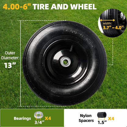 AR-PRO (2-Pack) 4.00-6" Tire and Wheel, 13" Pneumatic Tire and Rim for Wheelbarrow, 5/8" extra 3/4" Bearings and 1.75" Centered Hub, Fit for Most Garden Carts Hand Truck (Extra Nylon Spacers)
