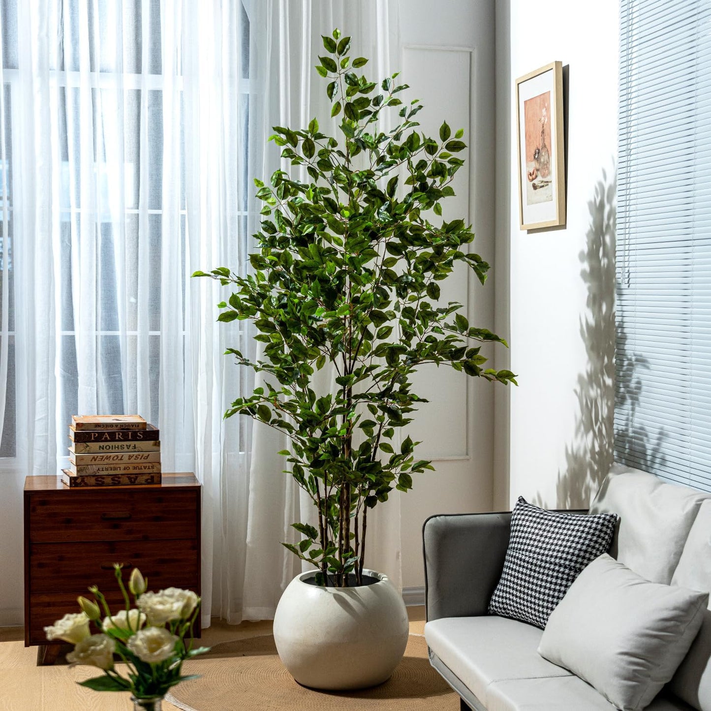 Artificial Ficus Tree Indoor 7ft, Large Potted Faux Tree with Realistic Silk Leaves & Trunk for Home Office, Living Room Corner Decor
