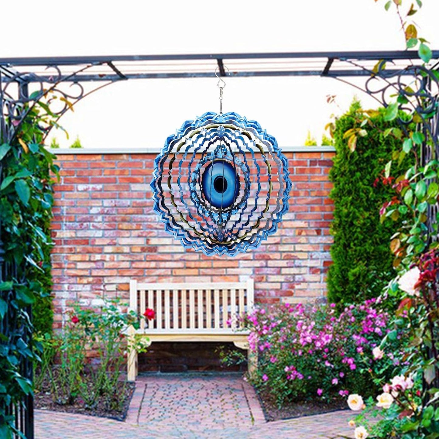 Blue Evil Eye Hanging Wind Spinners Outdoor Metal Evil Eye Decor Mandala 3D Stainless Steel Wind Spinner Protective Amulet for Home Outdoor Garden Yard Decoration (Layered)