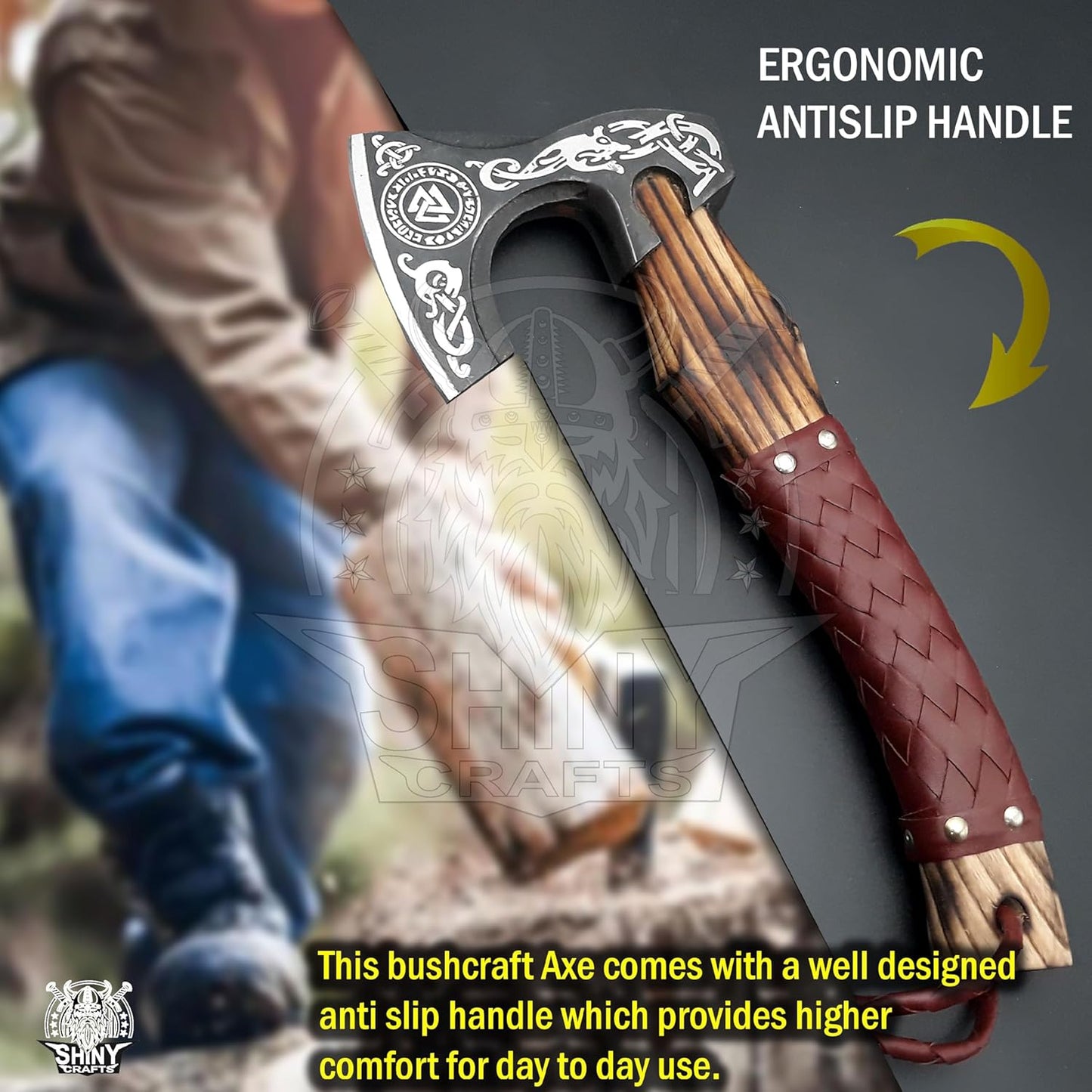SHINY CRAFTS® Handcrafted Decorative Viking Axe with Leather-Wrapped Handle & Sheath – Engraved Blade – Ceremonial Collectible Gift for Men, History Buffs, Cosplay & Display (Set of 8 Viking Axes)