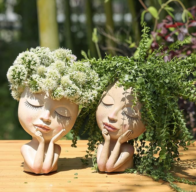 AIMEBBY Face Planter Pot - Face Flower Pots for Indoor and Outdoor Plants - Resin Head Planter Pots with Drainage Hole (X-Large Size)