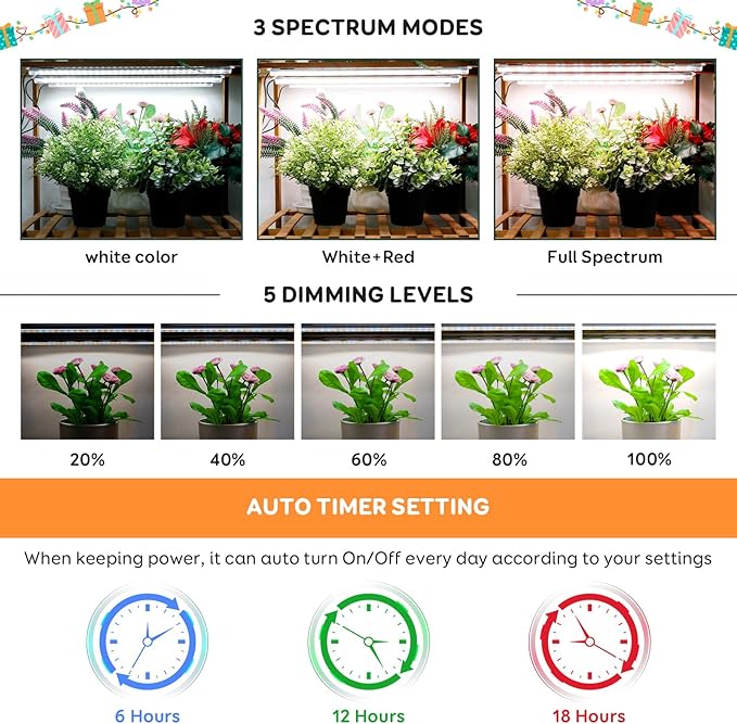 6 Bars Grow Light Strips for Indoor Plants with Auto ON/Off Timer 6/12/18H, 5 Dimmable Levels for Shelves Plant Growing(Pack 1)