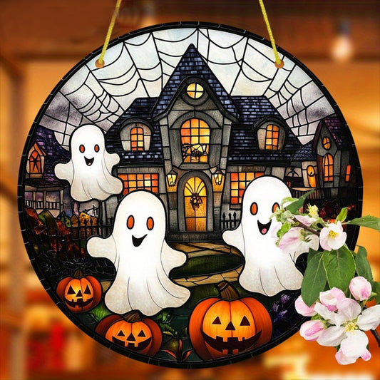 7.9inch Cute Halloween Suncatcher for Window Hanging,Ghost Pumpkin Castle Acrylic Suncatcher with