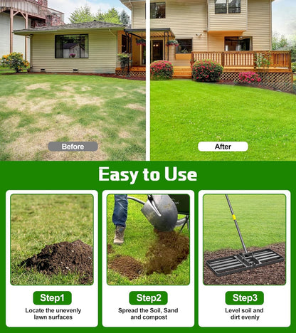 Lawn Leveling Rake 30x10 Inch , Heavy-Duty Yard Leveling Rake 6.2FT Leveler Tool for Soil, Sand & Topsoil, Backyard, Garden, Golf Course