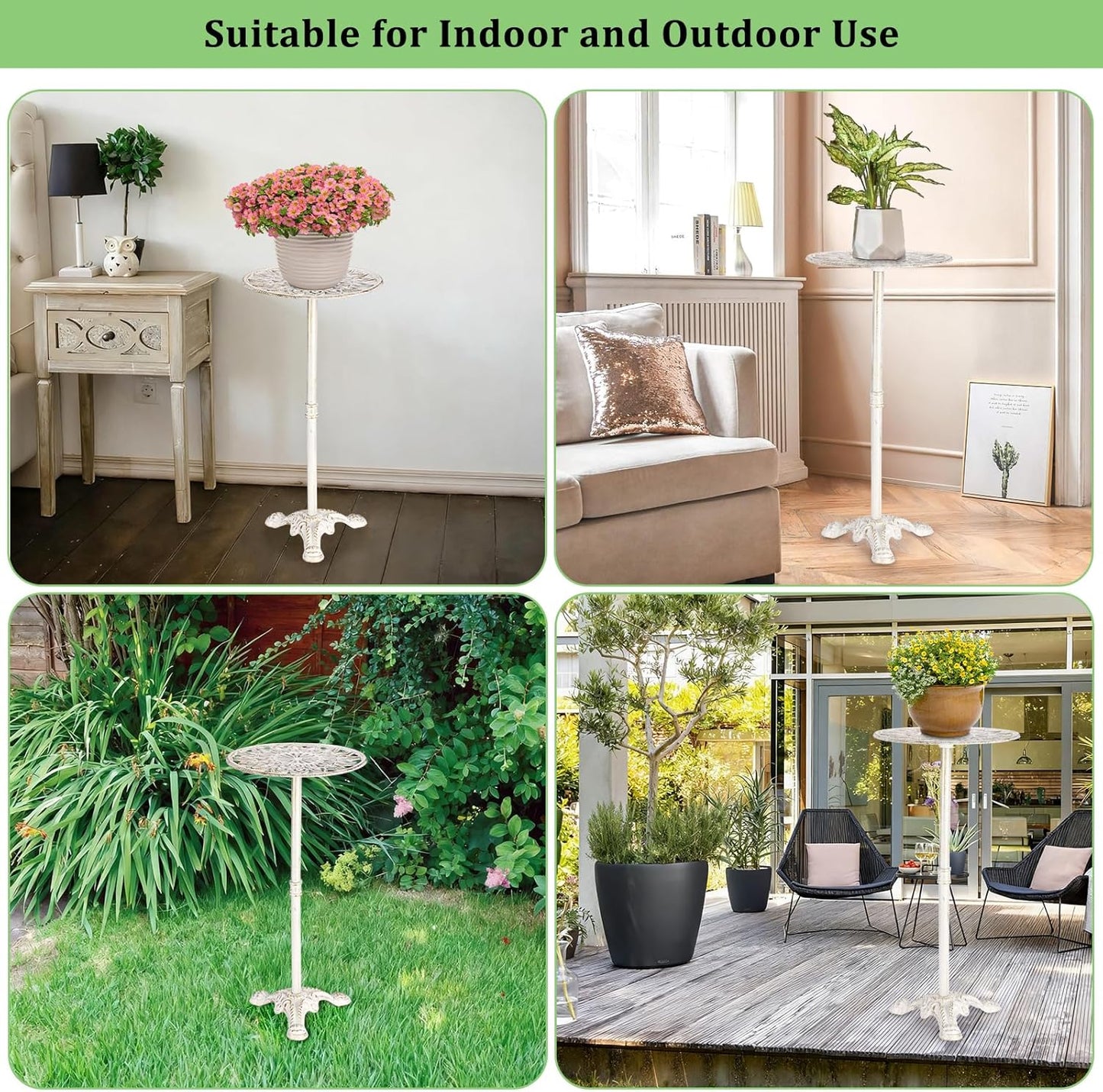 OwnMy Cast Iron Tall Plant Stand Heavy Duty Flower Pot Holder, Decorative Pedestal Potted Plant Rack, Indoor Outdoor Wrought Iron Large Single Plant Stand for Patio Garden Home, Antique White
