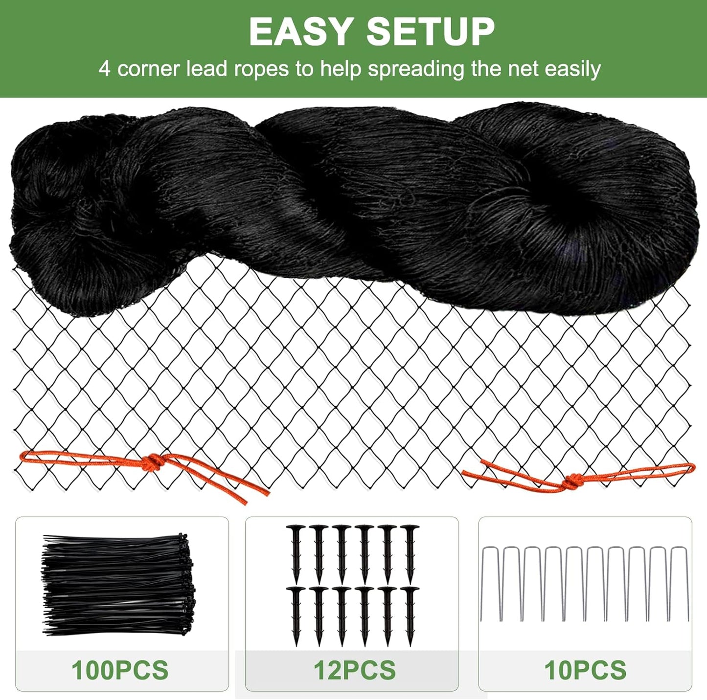 Bird Netting - Garden Poultry Netting with 3/4" Mesh Net, 50x50ft for Chickens, Heavy Duty Nylon for Fruit Tree, Orchard Protection