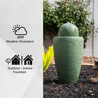 XBrand 25.98" H Round Stone Indoor/Outdoor Modern Stone Textured Sphere Water Fountain w/LED Lights, Ball Fountain Decor, Green