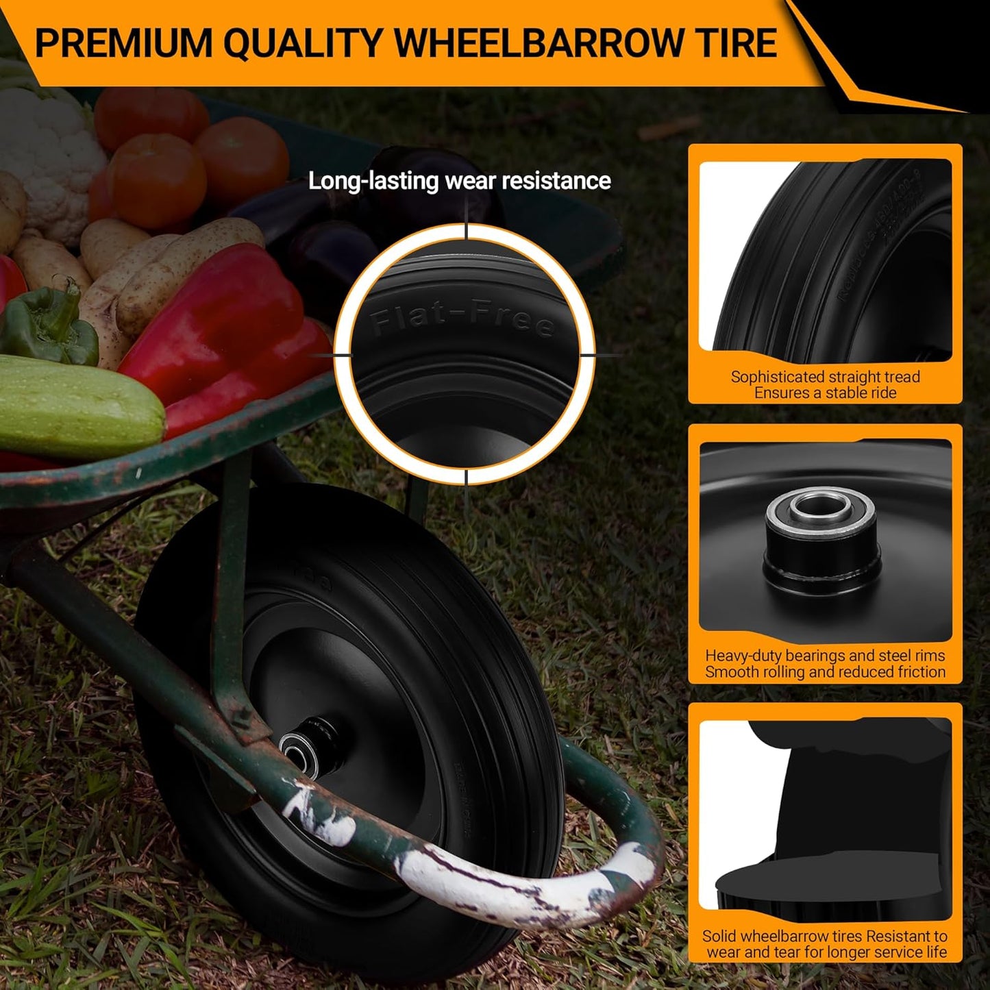 4.80/4.00-8 Flat Free Wheelbarrow Tire with 5/8 & 3/4 Bearing 3" -7" Centered Hub for Garden Cart Ribbed Tread Foamed Polyurethane Tire by NISHCON - 2 Pack