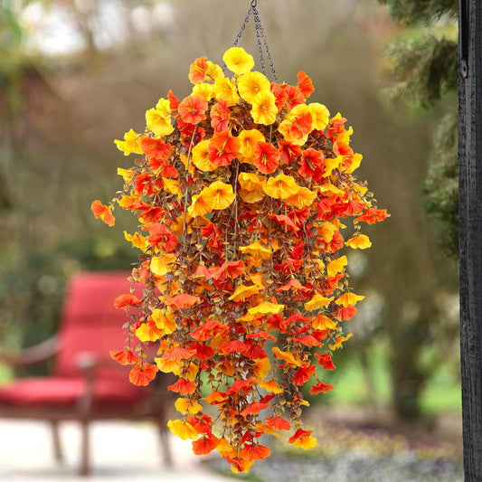 4 Pack Fall Artificial Faux Hanging Flowers Plant for Outdoor, Autumn Fake Silk Morning Glory with Eucalyptus UV Resistant Realistic Trailing Vine for Wall Home Porch Patio Balcony Yard Indoor Decor