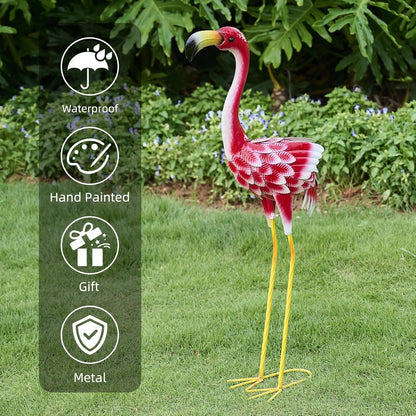 Flamingo Garden Metal Statues - Pink Flamingo Sculptures, Metal Birds Yard Art Outdoor Statue, Outdoor Backyard Decor, Patio, Porch, Lawn Ornament Large Iron Yard Decoration - 33 Inch
