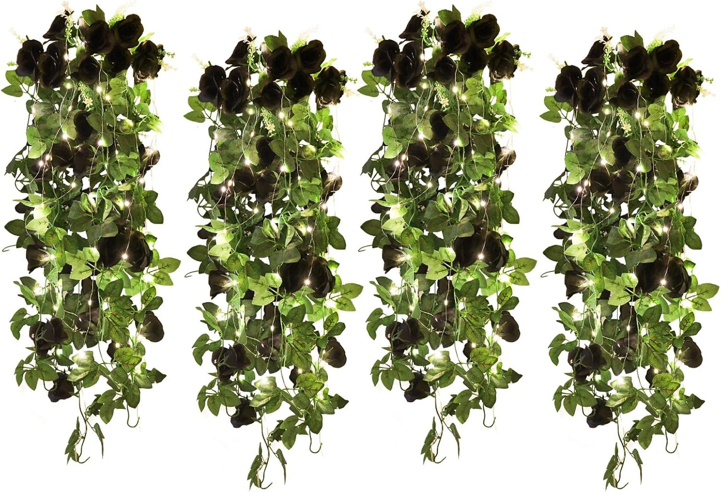 RECUTMS Artificial Hanging Rose Flower 4Pieces 3.3Ft Flowers for Outdoors with 30 LED Fairy String Lights Fake Indoor Wall Wedding (Black)
