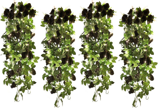 RECUTMS Artificial Hanging Rose Flower 4Pieces 3.3Ft Flowers for Outdoors with 30 LED Fairy String Lights Fake Indoor Wall Wedding (Black)
