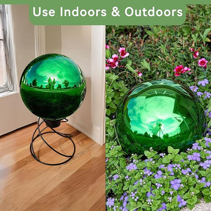 Lily's Home Stainless Steel Gazing Globe Mirror Ball, Colorful and Shiny Addition to Any Garden or Home. Sparkling Green (10 Inch)