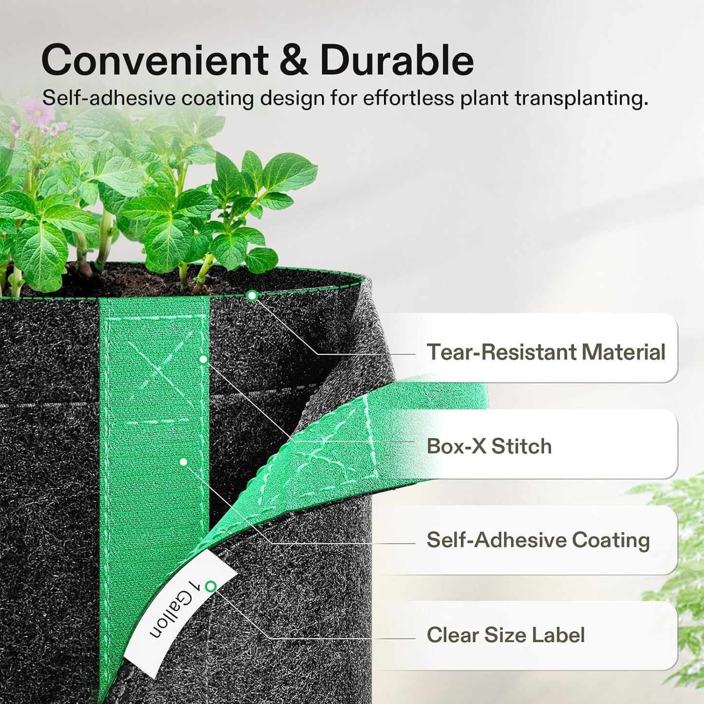 VIVOSUN 5-Pack 1 Gallon Grow Bags, Fabric Pots with Self-Adhesion Sides for Transplanting